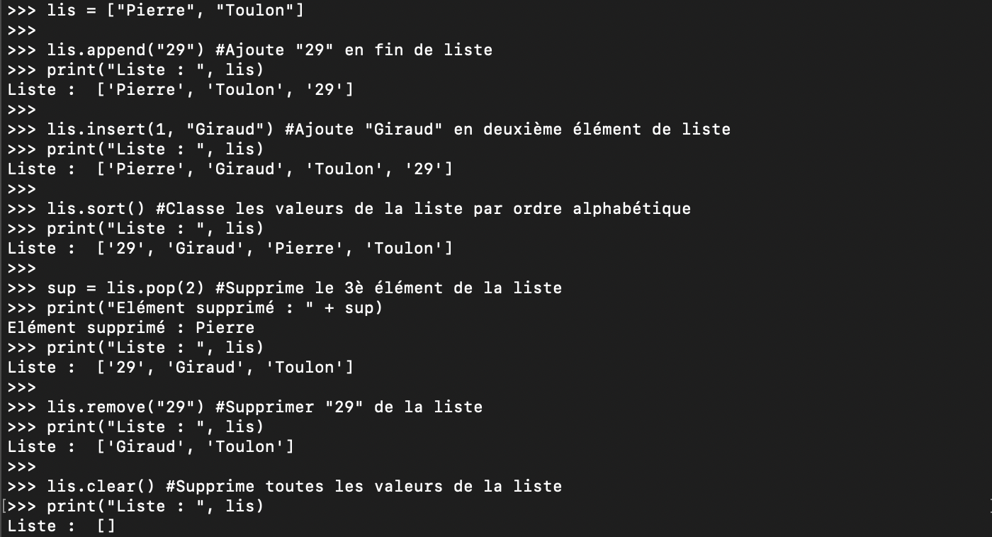 Les méthodes Python des listes