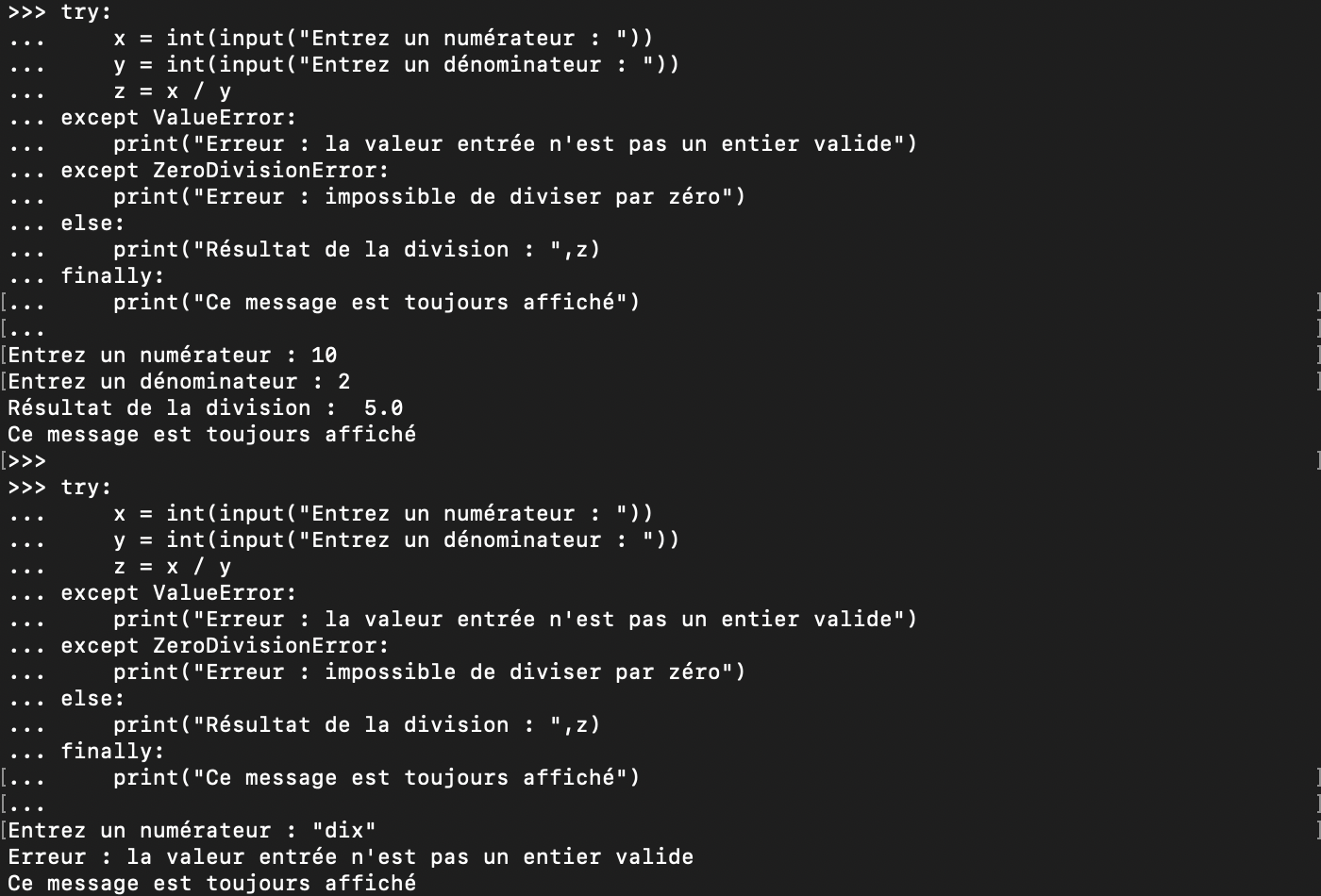Utilisation d&rsquo;une clause finally pour gérer des exceptions en Python