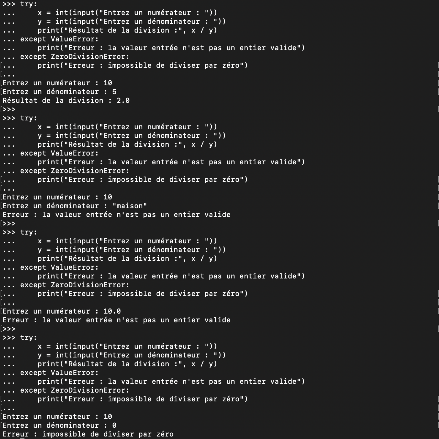 Utilisation de blocs try except pour gérer certaines exceptions en Python