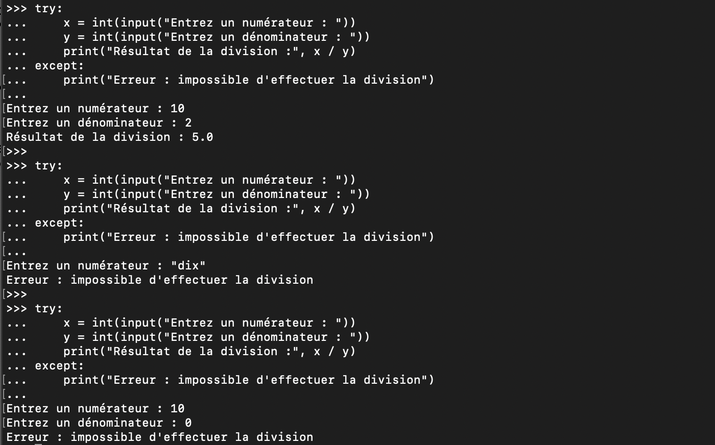 Utilisation de blocs try except pour gérer les exceptions en Python