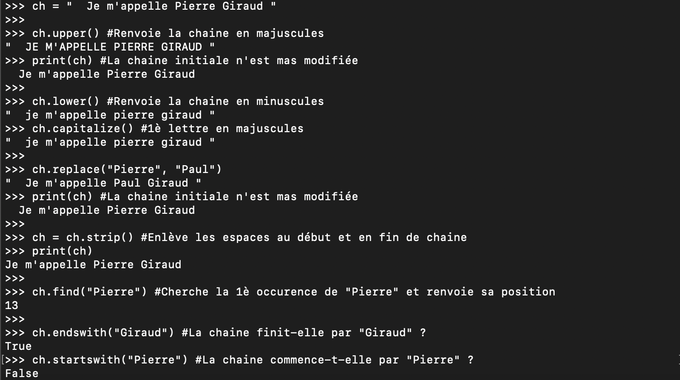 Les méthodes Python des chaines string