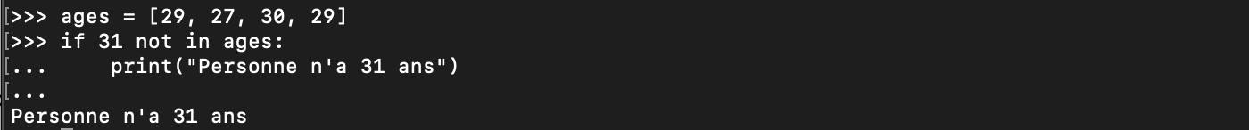 Python opérateur membership appartenance not in